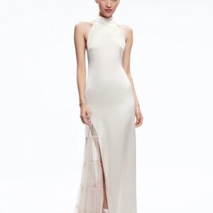 Alice + Olivia Cream Slit Gown with Halter Neckline